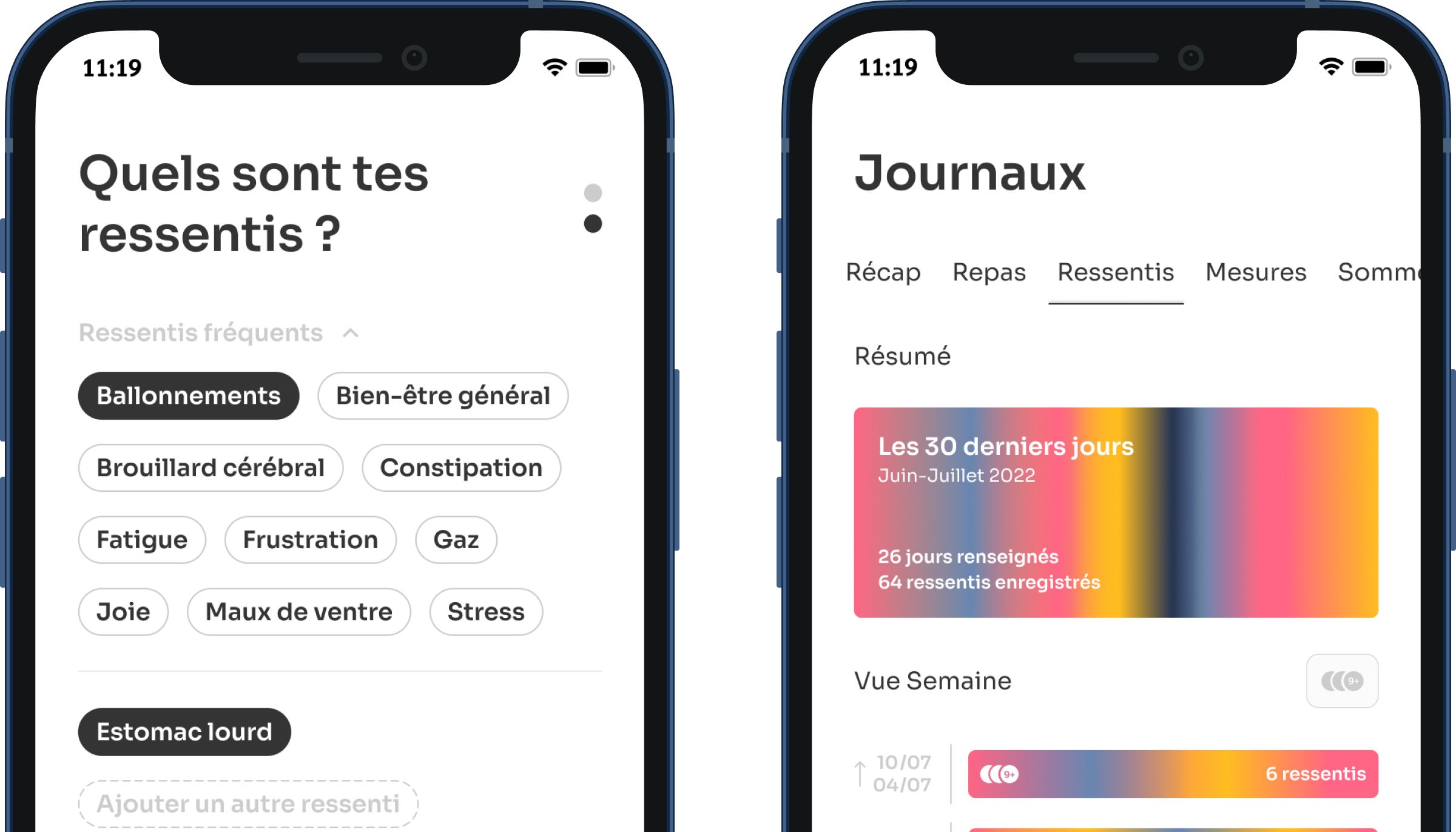 Écrans 'saisie de ressentis' et 'journal de ressentis' de l'application Expire